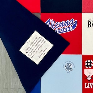 Add a custom wording patch to the back of your t-shirt blanket or baby clothes blanket