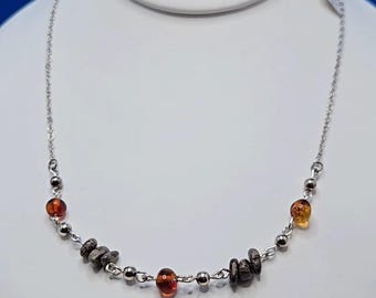 Handcrafted Dinosaur Bone & Baltic Amber Necklace – Sterling Silver Accents