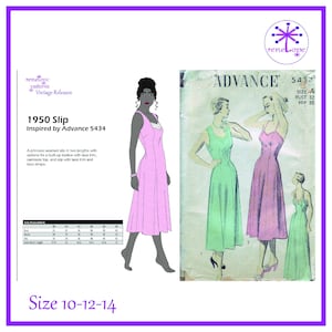May include: A vintage sewing pattern for a 1950s slip, featuring a pink illustration of the slip design and a vintage pattern cover. The pattern includes options for a built-up bodice with lace trim, a camisole top, and lace straps. Size 10-12-14.
