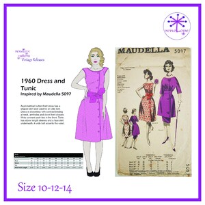 May include: A vintage sewing pattern for a 1960s dress and tunic, inspired by Maudella 5097. The illustration shows a woman in a pink dress with a bow, and a vintage pattern with dress designs. The pattern size is 10-12-14.