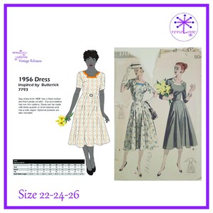 Peut inclure: Un patron de robe vintage, inspiré de Butterick 7793, présentant un modèle de robe de jour de 1956. Le patron comprend un corsage ajusté, des plis sur le devant et deux options de garniture. La robe peut être faite avec des manches trois-quarts ou courtes. Taille 22-24-26.