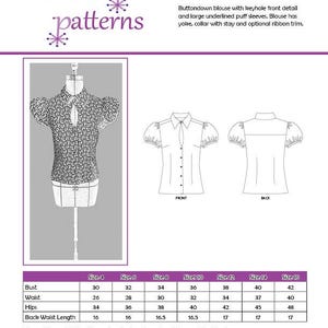Puede incluir: Un patrón de costura para una blusa Puffball. El patrón incluye una vista frontal, una vista trasera y una foto de la blusa terminada en un maniquí. La blusa tiene un detalle de ojal y mangas abullonadas. Medidas en cm.