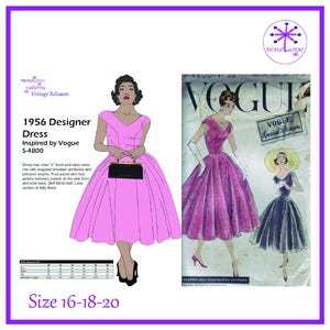 Op de afbeelding: Een vintage naaipatroon voor een 1956 designerjurk, geïnspireerd door Vogue S-4800. De afbeelding toont een roze jurk met een V-hals en een volle rok. Het patroon bevat maten 16-18-20.