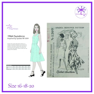 May include: A vintage sewing pattern for a 1964 sundress, inspired by Spadea N-1209, featuring a scoop neck and open back design. The illustration shows a light green dress with a flared skirt. The pattern includes sizes 16-18-20.