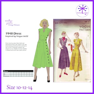 Wzór do szycia sukienki vintage z lat 40. XX wieku w formacie PDF w wielu rozmiarach: biust 31-34 cali, reprodukcja Vogue 6632