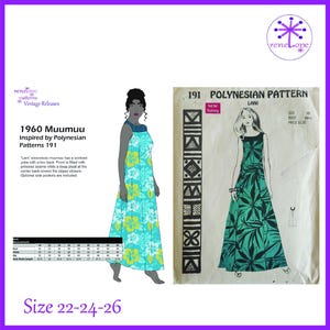 May include: A sewing pattern envelope for a 1960s sleeveless muumuu dress titled Polynesian Pattern 191 Lani. The envelope features a black and white illustration of the dress with a dark green tropical leaf print and a solid dark yoke.