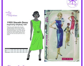 Patrón de costura de vestido vintage de los años 50, varios tamaños, PDF: busto de 91-102 cm, reproducción de Simplicity 1301