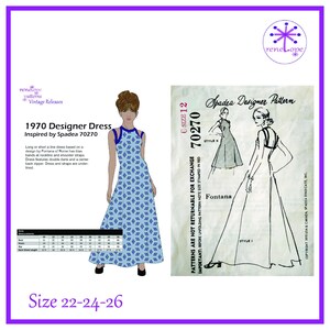 Könnte beinhalten: Ein Vintage-Schnittmuster für ein Designer-Kleid aus den 1970er Jahren, inspiriert von Spadea 70270. Die Illustration zeigt ein langes, blaues Kleid mit geometrischem Muster. Das Muster enthält die Größen 22-24-26. Das Kleid hat einen Neckholder-Ausschnitt und Träger.