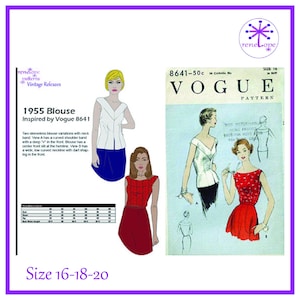 May include: A vintage Vogue sewing pattern for a 1955 blouse, inspired by Vogue 8641. The pattern includes two sleeveless blouse variations with a V-neck and curved shoulder band. Size 16-18-20. The image features illustrations of the blouse designs.