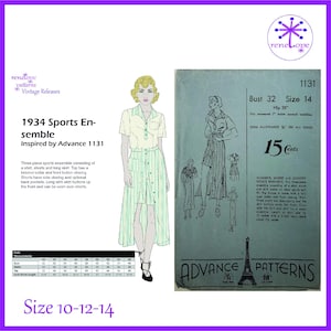 Op de afbeelding: Vintage naaipatroon voor een sportensemble uit 1934, bestaande uit een shirt, shorts en lange rok. De illustratie toont een vrouw die het ensemble draagt. Het patroon is maat 10-12-14. Afmetingen in cm.