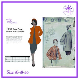 1950s Vintage Coat Sewing Pattern Multi-Size PDF: Bust 36-40  inch, Vogue 8222 Reproduction