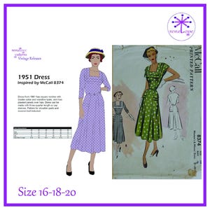 Op de afbeelding: Vintage naaipatroon voor een 1951 jurk, geïnspireerd door McCall 8374. Het patroon bevat een tekening van de jurk en een vrouw die de jurk draagt. De jurk heeft een vierkante halslijn en geplooide panelen. Maat 16-18-20.