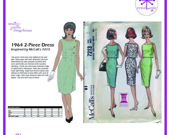 Cartamodello per abito vintage anni '60, taglie multiple, in formato PDF: busto 79-86 cm, riproduzione del modello McCalls 7213.