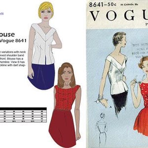 1950er Jahre Vintage Bluse Schnittmuster Multi-Size PDF: 92-102 cm, Vogue 8641 Reproduktion