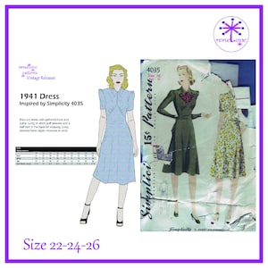 Könnte beinhalten: Ein Vintage-Schnittmuster für ein 1941er Kleid, inspiriert von Simplicity 4035, mit Illustrationen des Kleides in verschiedenen Stilen. Das Muster enthält die Größen 22-24-26. Das Kleid hat eine geraffte Brust, einen Kragen und lange oder kurze Puffärmel.