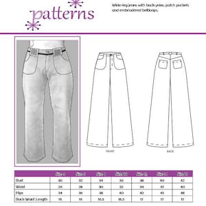 May include: A sewing pattern for Knot Jeans #506, featuring wide-leg jeans with a back yoke, patch pockets, and embroidered belt loops. The pattern includes front and back views, along with a size chart for bust, waist, hips, and back waist length in inches.