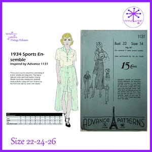 May include: Vintage sewing pattern for a 1934 sports ensemble, including a shirt, shorts, and long skirt. The pattern features a tailored collar, front button closing, and optional back pockets. The size range is 22-24-26.