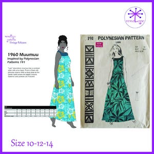 May include: A sewing pattern for a 1960 muumuu dress, featuring a sleeveless design with a contrast yoke and princess seams. The image displays a digital illustration of the dress in blue and yellow floral print alongside the original vintage pattern envelope.