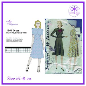 Patrón de costura para vestido vintage de los años 40 (PDF, varios tamaños): busto de 36 a 40 pulgadas, reproducción Simplicity 4035