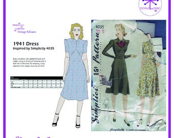 Patrón de costura para vestido vintage de los años 40 (PDF, varios tamaños): busto de 36 a 40 pulgadas, reproducción Simplicity 4035