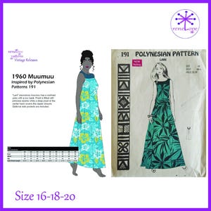 May include: A sewing pattern for a 1960 muumuu dress, featuring a sleeveless design with a contrast yoke and princess seams. The image includes a technical illustration, a vintage pattern envelope labeled Polynesian Pattern 191, and a size chart.
