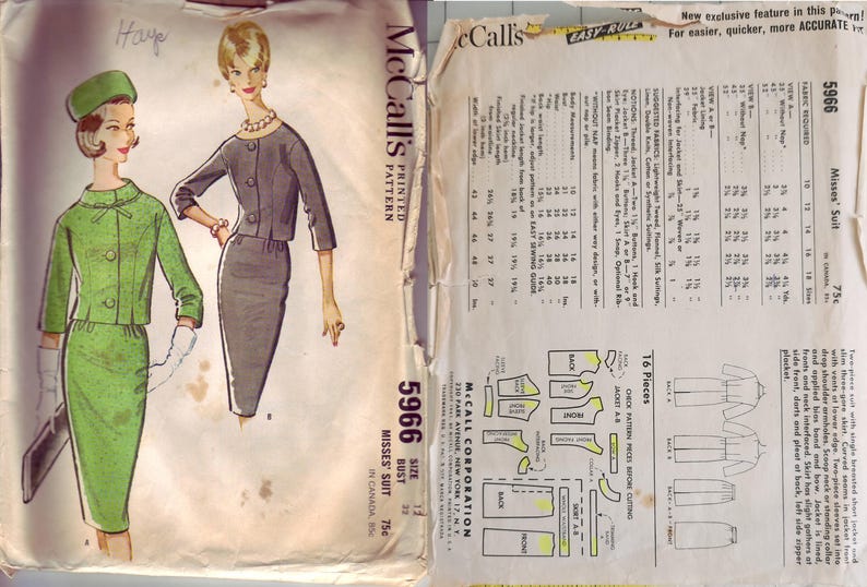 Pu&ograve; includere: Modello di cucito vintage McCall's 5966 per un completo da donna. L'illustrazione mostra un completo verde con cappello abbinato e un completo grigio. Il modello include una giacca e una gonna. Il modello &egrave; contrassegnato 75c.