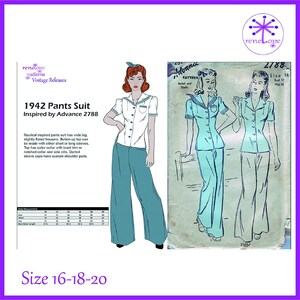 May include: Vintage sewing pattern for a 1942 pants suit. The pattern includes a button-up top with a sailor collar and wide-leg, slightly flared trousers. The pattern is size 16-18-20. The image also shows a drawing of the pants suit.