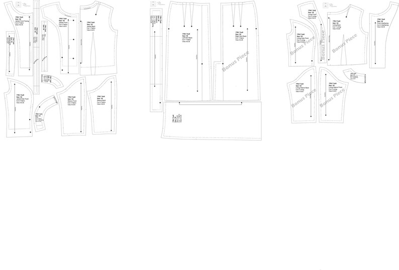 Pu&ograve; includere: Una collezione di modelli di cucito bianchi, con varie forme e dimensioni per la costruzione di capi di abbigliamento. Ogni pezzo &egrave; etichettato con testo, comprese informazioni su taglia e stile. I modelli sono disposti su sfondo bianco.