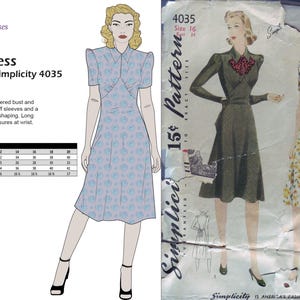 1940s Vintage Dress Sewing Pattern Multi-Size PDF: Bust 31-34 inch, Simplicity 4035 Reproduction