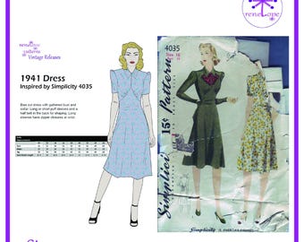 Patrón de costura para vestido vintage de los años 40 (PDF, tallas múltiples): busto de 31 a 34 pulgadas, reproducción Simplicity 4035