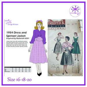 Könnte beinhalten: Ein Vintage-Schnittmuster für ein Kleid und eine Spencer-Jacke von 1954. Die Illustration zeigt ein lila Kleid mit passender Jacke. Das Muster enthält die Größen 16-18-20 und ist von Butterick 6281 inspiriert.