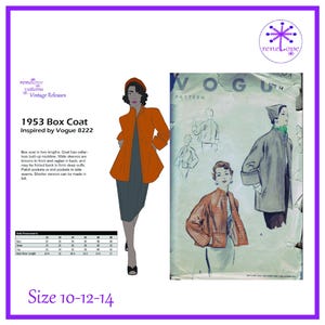Könnte beinhalten: Illustration eines Vintage-Boxcoats von 1953, inspiriert von Vogue 8222. Das Bild zeigt eine Frau in einem orangefarbenen Mantel und einen Schnittmusterumschlag mit Mantelillustrationen. Die Größen sind 10-12-14. Der Mantel hat einen kragenlosen Ausschnitt.