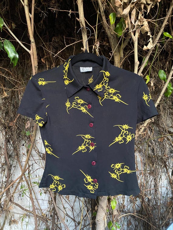 1990s Black Mesh Button Front with Yellow Tattoo … - image 1