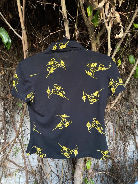 1990s Black Mesh Button Front with Yellow Tattoo … - image 2