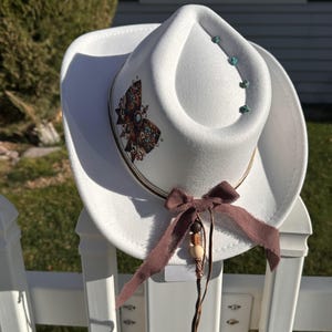 Prairie Rose Belle White Western Hat Vintage Filigree Bow Rosewood Suede Ribbon Bridal  Hat