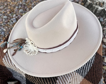 Prairie Whisper the Cream Western Rancher Fedora with Lace Band and Feather Charm Pin