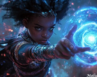 Digitaler Download | Sofortiger Kunstdruck | Kind der leuchtenden Spirale – Afro-Aztekische Schamanen-Fantasy-Kunst