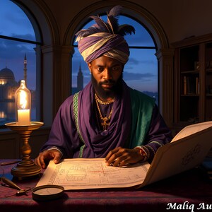 May include: A person wearing a turban and purple robe, studying a large document at a desk. A lit candle and lantern sit on the desk. The background shows a cityscape at dusk. The image is signed "Malik Ausar El".