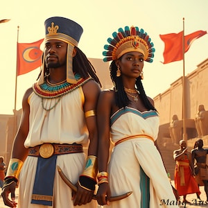May include: An artistic depiction of an ancient Egyptian couple in traditional attire. The man wears a blue and gold crown and a white tunic with gold and blue accents. The woman wears a feathered headdress and a white dress with turquoise trim. They stand in front of a sandstone structure.