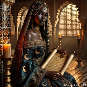 Princess Sahria of Alzena – Guardian of the Scroll | Afro-Moorish Digital Art | Black Royalty Fantasy Wall Art | Instant Download