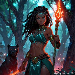 May include: An illustration of a woman in teal and gold attire, holding a flaming spear, with a black panther at her side. The woman has dark skin, long black hair, and tribal tattoos. The background features a forest with glowing lights.