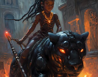 May include: An artistic digital illustration depicts a person riding a black panther-like creature. The person is adorned with gold jewelry and a dark outfit, holding a staff with a glowing red tip. The background features a detailed, ancient-looking structure.