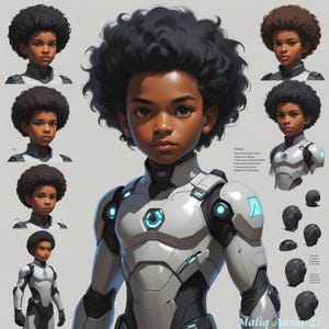 Pode incluir: Ilustração de uma pessoa jovem com pele escura e cabelo preto encaracolado, vestindo um traje futurista branco e cinza com detalhes azuis. A imagem inclui variações do rosto e designs de capacete. A assinatura do artista está no canto inferior direito.