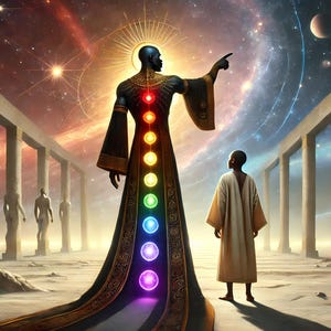 May include: Digital art depicting a robed figure with a halo and colorful chakra symbols, pointing towards a cosmic background with planets and stars. Another robed figure stands nearby. The scene is set within a colonnade.