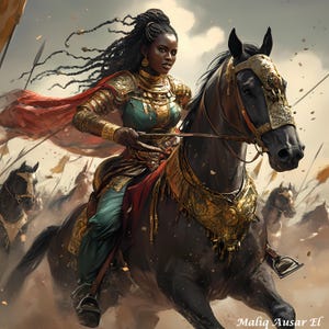 Digital Download | Instant Art Print | Queen Zafirah of the Falcon Crest — Moorish Warrior Queen in Gold, Crimson, and Stormlight