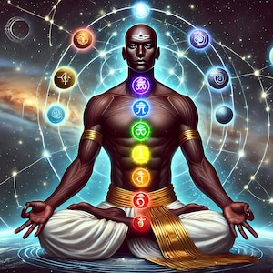 May include: Digital art depicting a meditating figure with chakras aligned, surrounded by planets and celestial bodies. The figure is seated in a lotus position, with a white cloth and gold accents. The background features a cosmic scene with swirling nebulae and constellations.