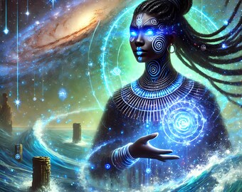 Digital Download | Asheka of the Sea of Memory | Afro-Futurist Spirit Guardian Wall Art | Black Cosmic Priestess Print