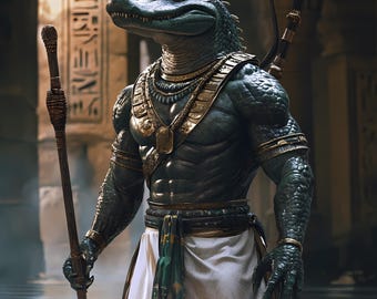 Digitaler Download | Sofortiger Kunstdruck | Sobek — Herr der lebendigen Gewässer | Nubische Krokodilkopfkrieger-Gottheits-Kunst