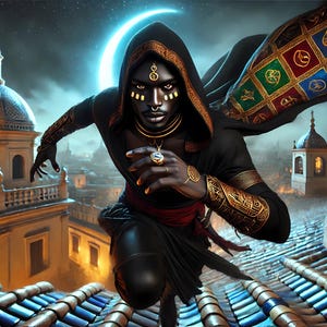 The Crescent Ghost of Seville— Moorish Nubian Assassin | Digital Art Print | Black Fantasy Warrior | Afro-Moorish Myth | Instant Download
