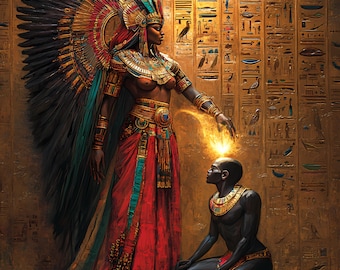 May include: An artistic depiction of an Egyptian queen in elaborate attire, including a feathered headdress and ornate jewelry. She is positioned with her arm extended towards a kneeling figure, with a glowing light emanating from the queen's hand. The background features hieroglyphs.
